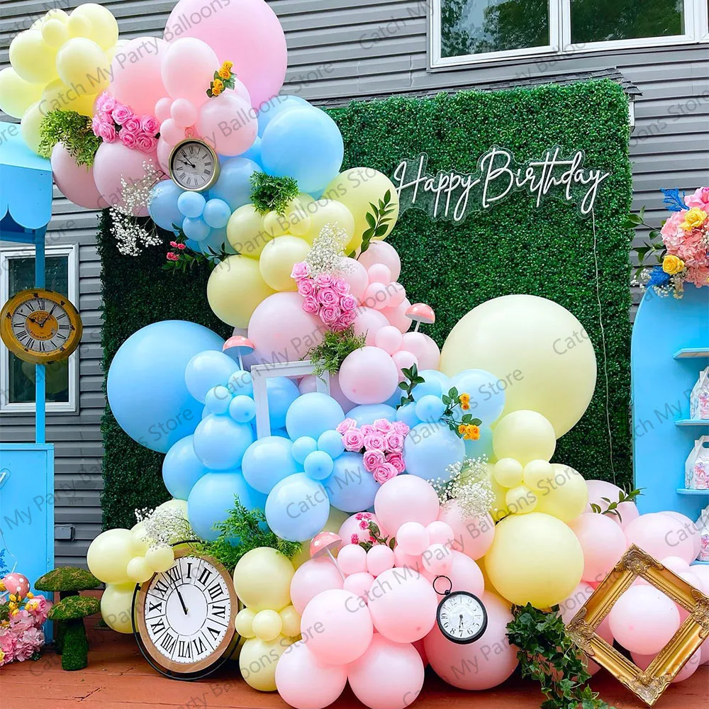 

125Pcs Pastel Pink Yellow Blue Balloons Garland Arch Kit for Wonderland Themed Birthday Baby Shower Girls Tea Party Decorations
