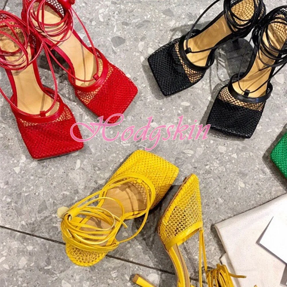 Square Toe Mesh Sandals Lace Up Solid Stiletto Heels Women Shoes Straps Summer Party Dress Designer Sandals New Style Hollow