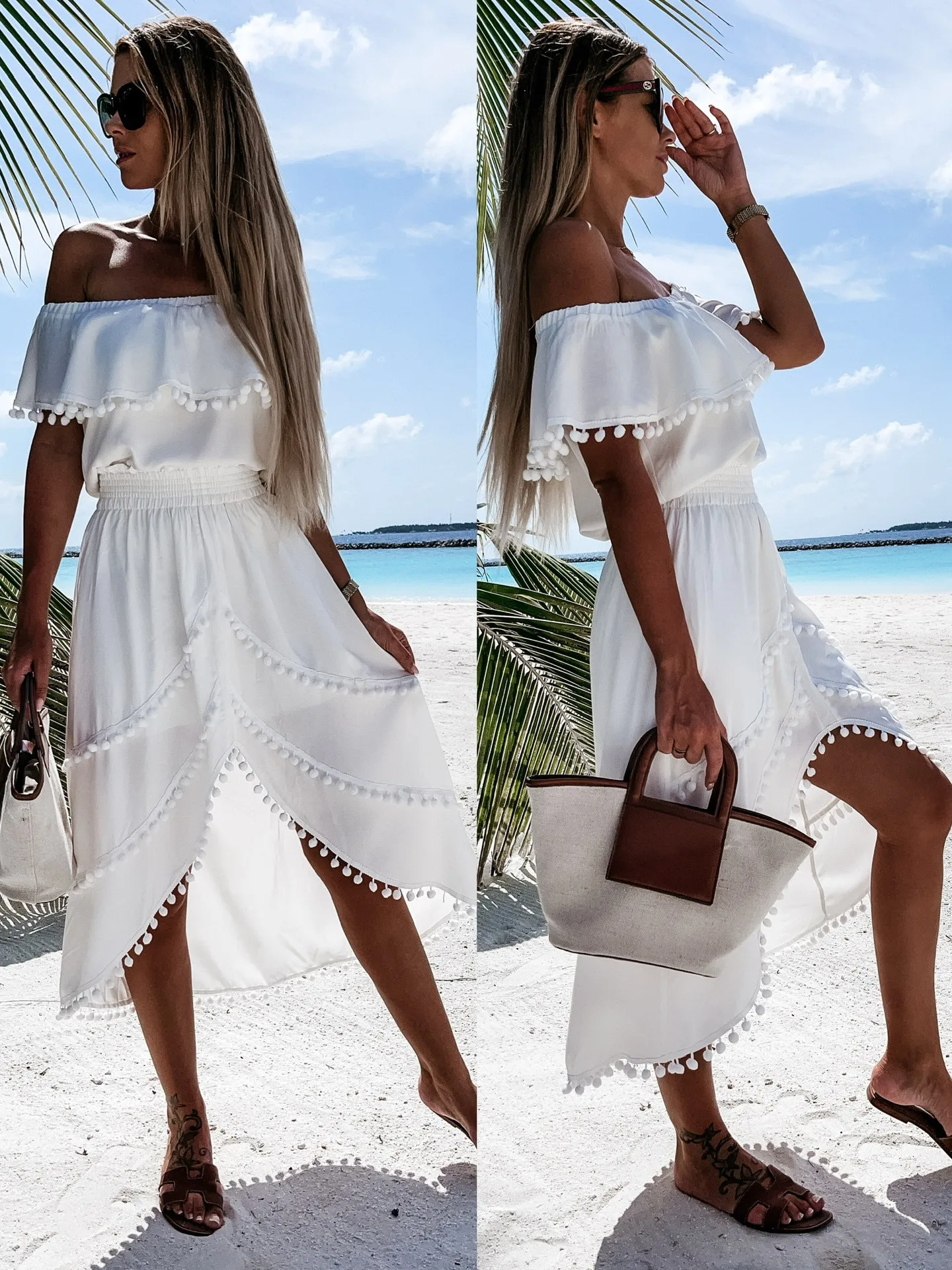 2022 European and American Style Bohemian One-shoulder Collar Irregular Hem Dress Summer Beach Vacation Leisure Style Dress