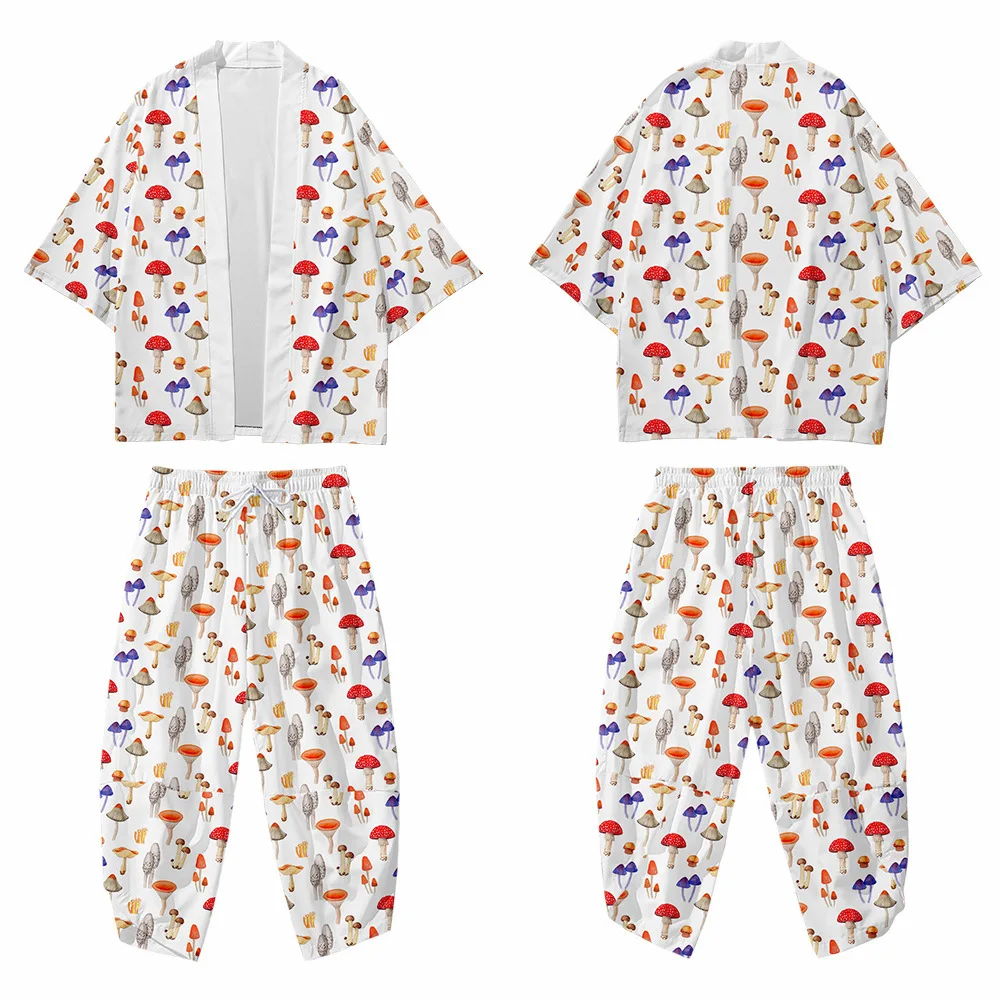 2PCS Men Print Mushroom Robe Sets Summer Rayon Pajamas Suit Cardigan Kimono Lagre Size Sleepwear Pant Casual Home Clothes