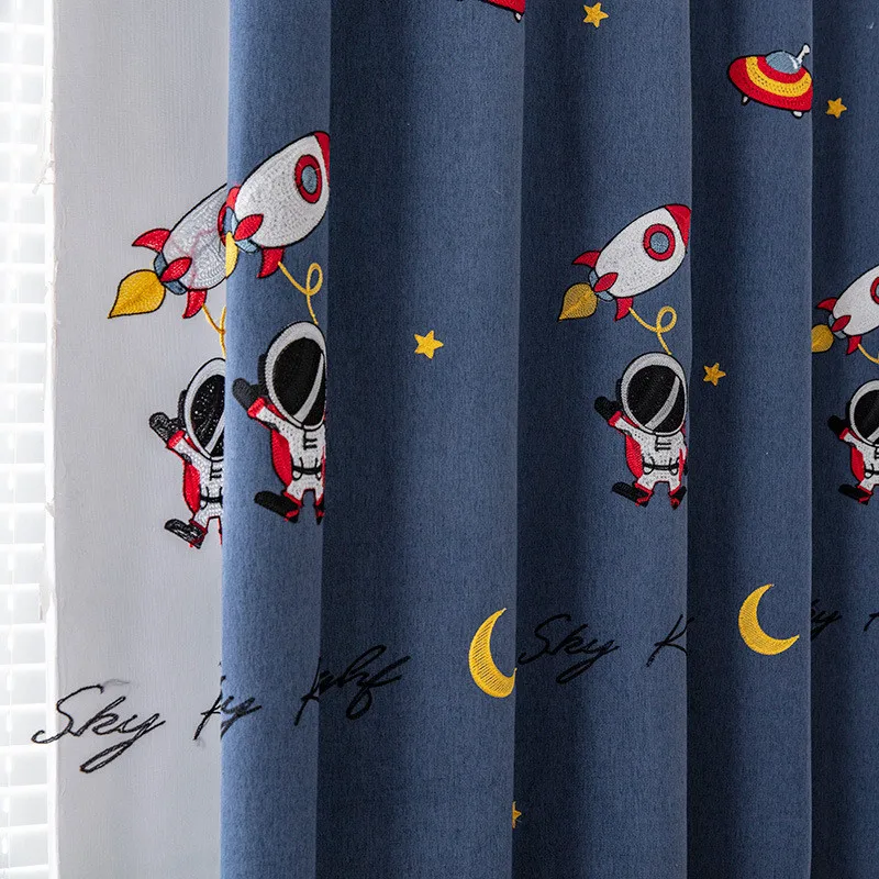 

Cartoon Outer Space Astronaut Embroidered Curtain American 75% Blackout Kid's Curtains For Boy Room Bedroom Bay Window Drapes