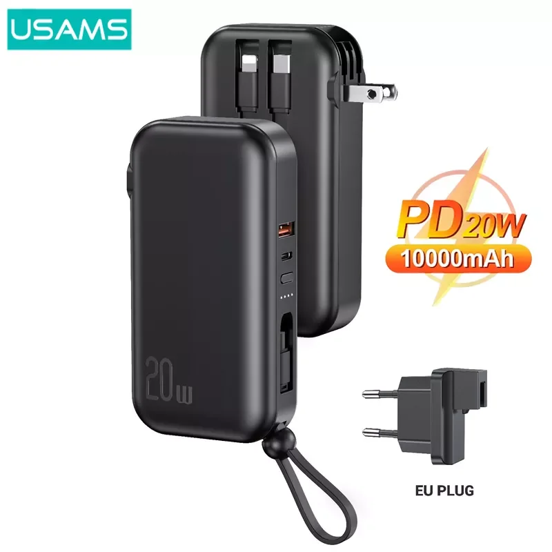 

USAMS Power Bank 10000mAh With 20W PD Fast Charging Powerbank 3 In 1 Wall Charger With Cables US EU Plug For iPhone Phone