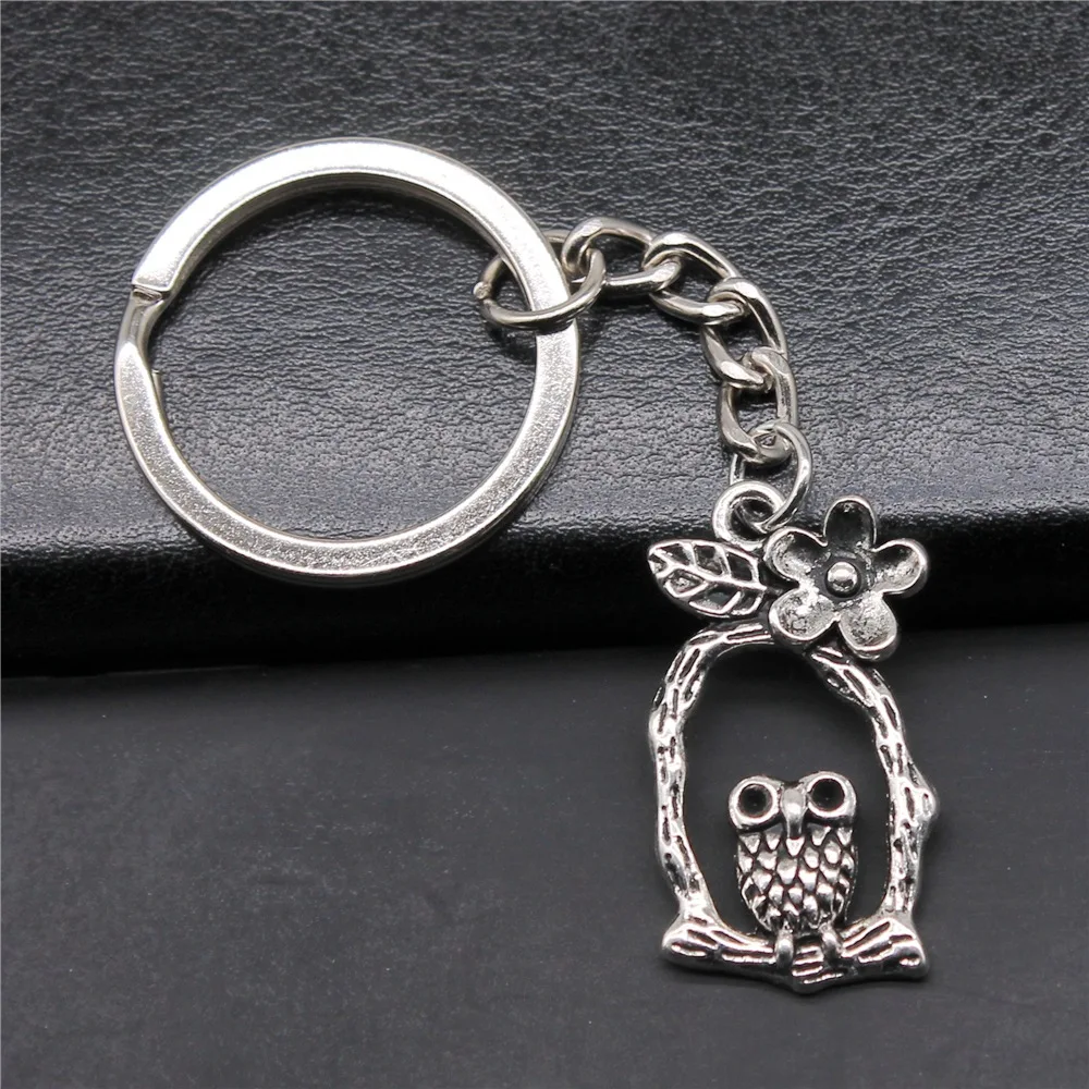 

Souvenirs Gift DIY Metal Keychain Holder Antique Silver Color 17x31mm Cute Flower Owl Pendant Keyring