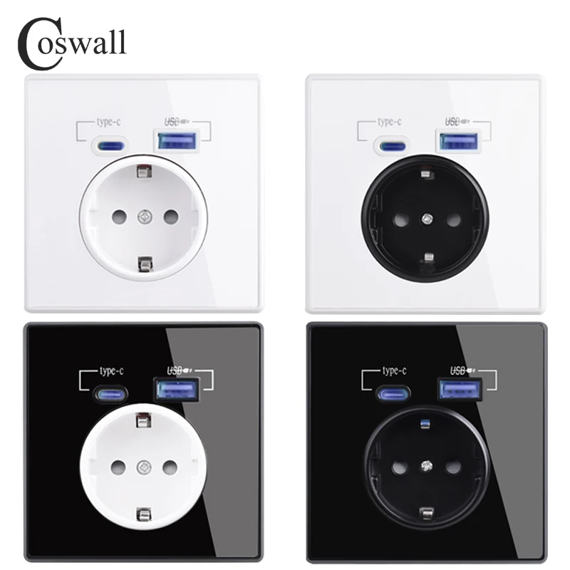 

Coswall Type-C Interface Outlet Full Mirror Acrylic Panel Black White Wall EU Russia French Standard Socket With USB Charge Port