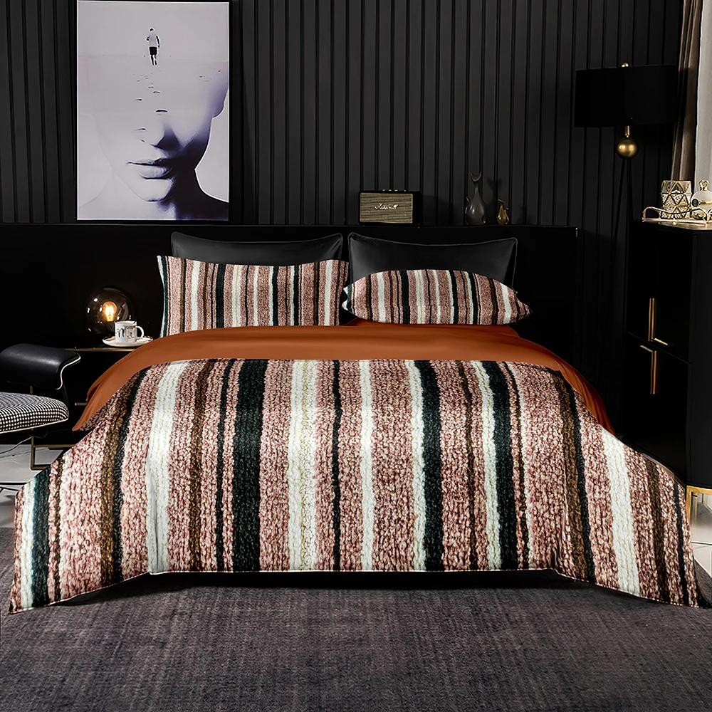 Light Brown Bedding Set African Style Duvet Cover Black White Strips Pattern 220x240 with Pillowcase for Queen King Size | Дом и сад