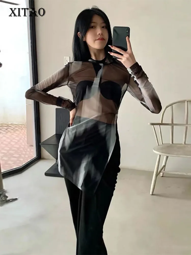 

XITAO Irregular Mesh Yarn T-shirt Sexy Slim Perspective Women Print Top Fashion Simplicity 2022 New Base T-shirt WMD4816