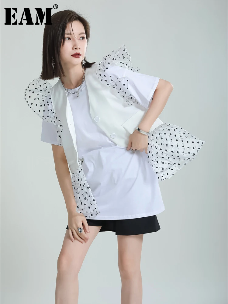 

[EAM] Women White Brief Casual Mesh Ruffless T-shirt New Round Neck Short Sleeve Fashion Tide Spring Summer 2022 1DE8254