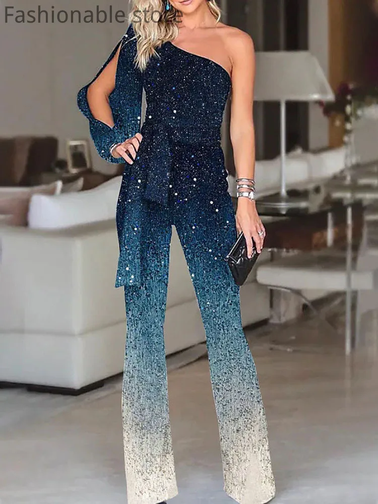 

One Shoulder Print Asymmetrical Long Sleeve Tied Waist Straight Jumpsuits