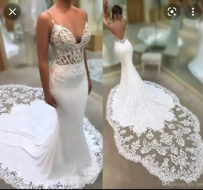 

Backless Wedding Dresses Mermaid Spaghetti Straps Appliques Boho Dubai Arabic Wedding Gown Bridal Dress Vestido De Noiva