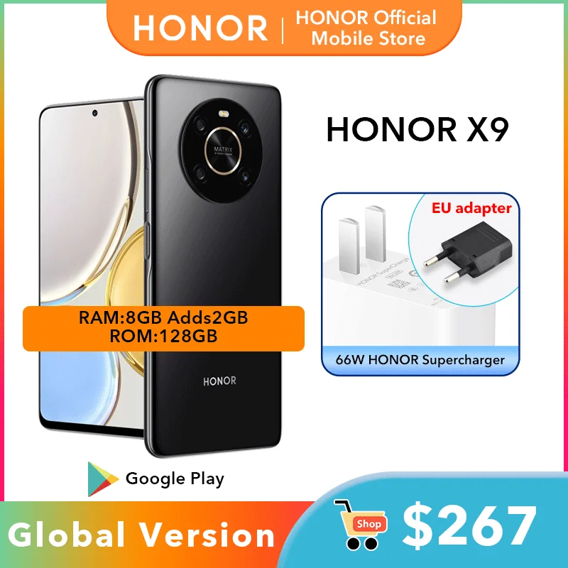 Global Version HONOR X9 Android 11 Smartphone 6.81 Display 66W Super Fast Charge Cell Phone 8GB 128GB 64MP Quad Camera Mobile