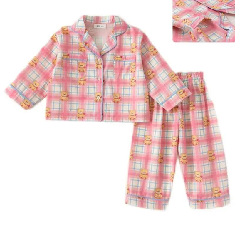 

Cute Girls Pure Cotton Pajama Set kawaii Cartoon Pink Plaid Little Bear Two Piece Autumn Home Clothing Clothes Children Casual