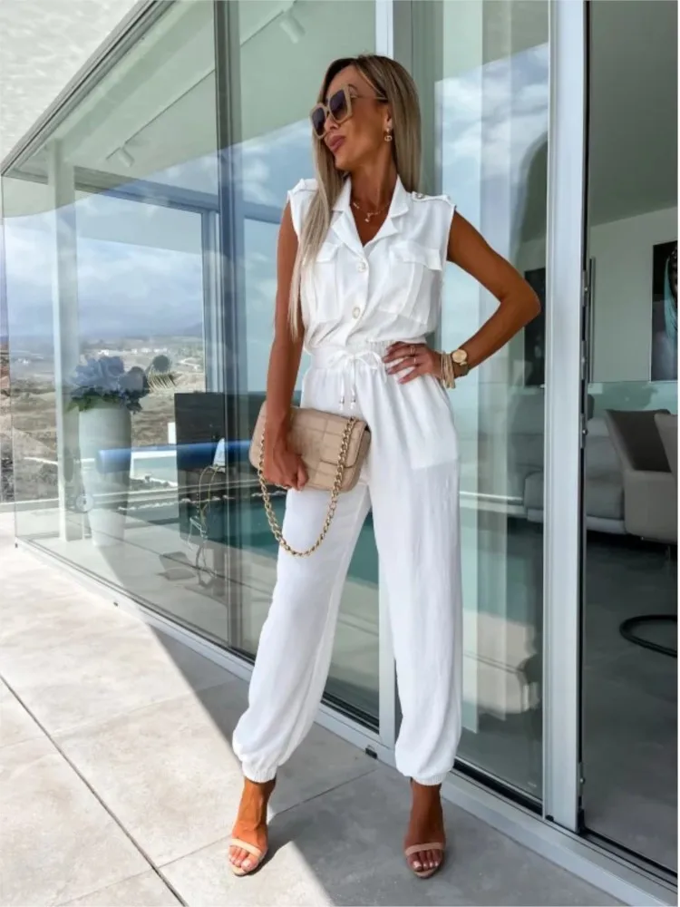 

Casual Elastic Waist Slim Jumpsuits Women 2023 Summer Suit Collar Buttons Pocket Pencil Pants Romper Office Chic White Jumpsuit