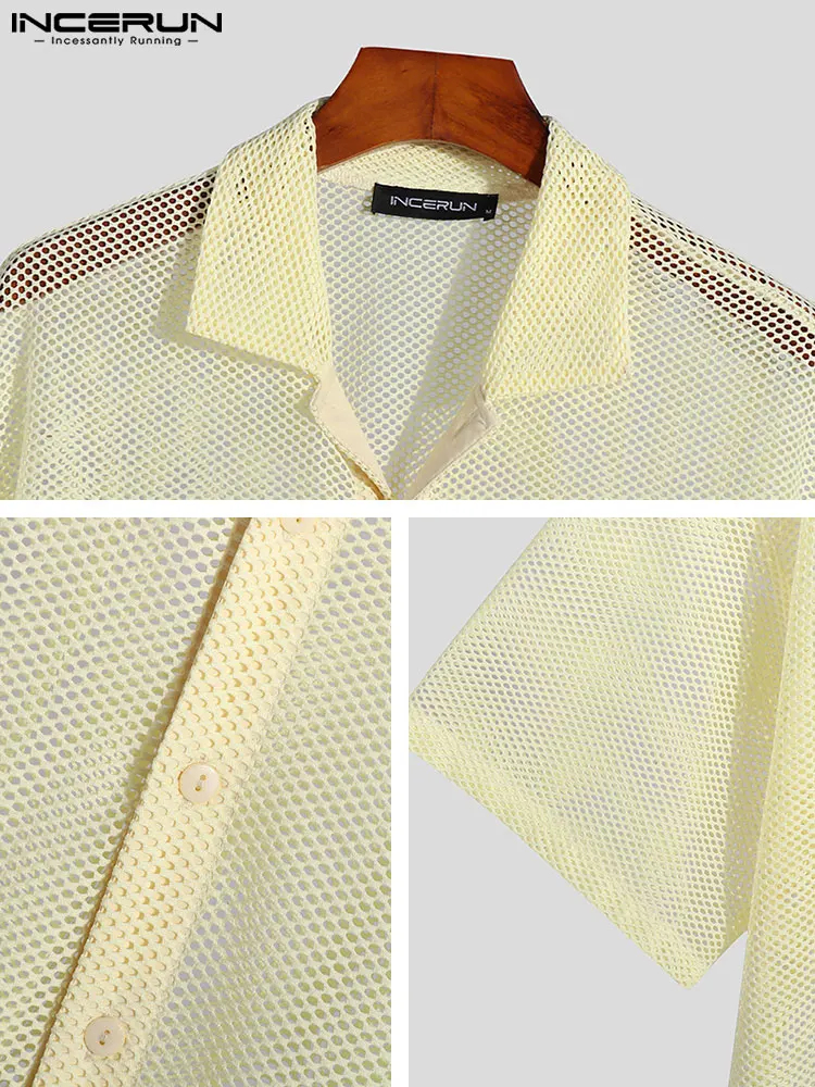 Fashion Casual Men's Tops Solid Comfortable See-through Mesh Blouse Stylish Drop Shoulder Mid Sleeve Lapel Shirts S-5XL INCERUN