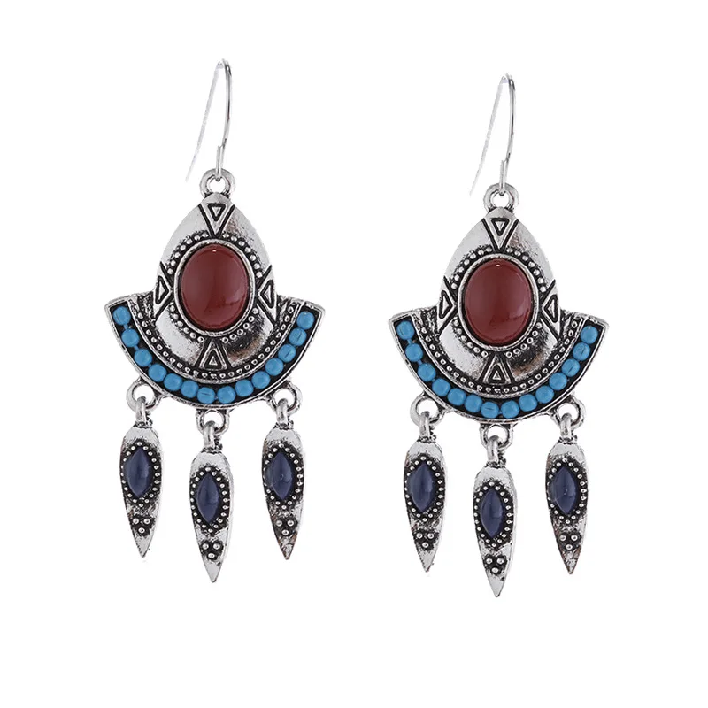 

Creative Alloy Tassel Long Earrings Retro Fashion Bohemian Ancient Silver Bronze Turquoise Earring for Women's Jewelry Wholesale