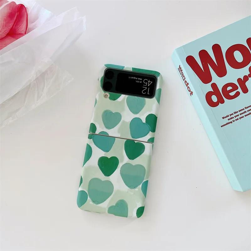 

Fashion Korean Green Hearts Phone Case for Samsung Galaxy Z Flip 3 5G Hard PC Back Cover for ZFlip3 Case Protective Shell