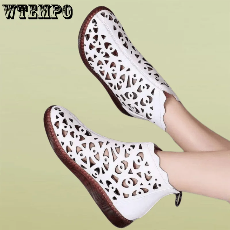 WTEMPO Summer Hollow Hole Sandals Women's Flat Roman Sandals Round Head Soft Bottom Large Short Boots Wholesale Dropshipping