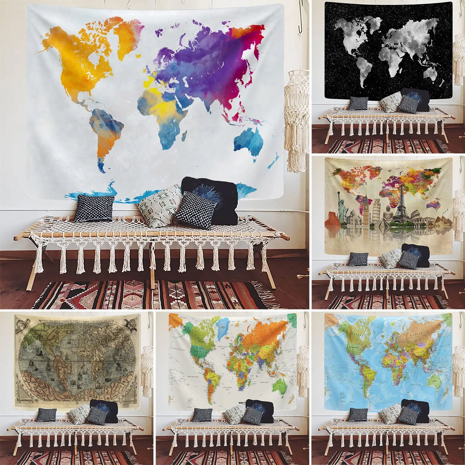 Лидер продаж в скандинавском стиле гобелен с картой мира цифровой печатью для