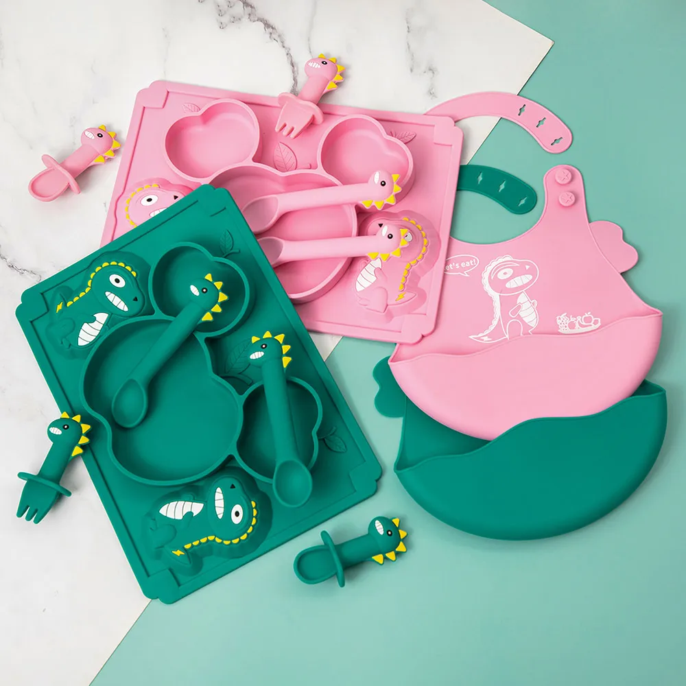 TYRY.HU Baby Soft Silicone Sucker Bowl Plate Cup Bibs Spoon Fork Sets Non-slip Tableware Children's Feeding Dishes BPA Free