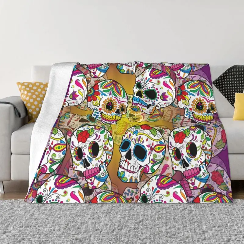 

Mexican Sugar Skulls Day Of The Dead Blanket Warm Fleece Soft Flannel Halloween Catholic Throw Blankets Home Spring Autumn