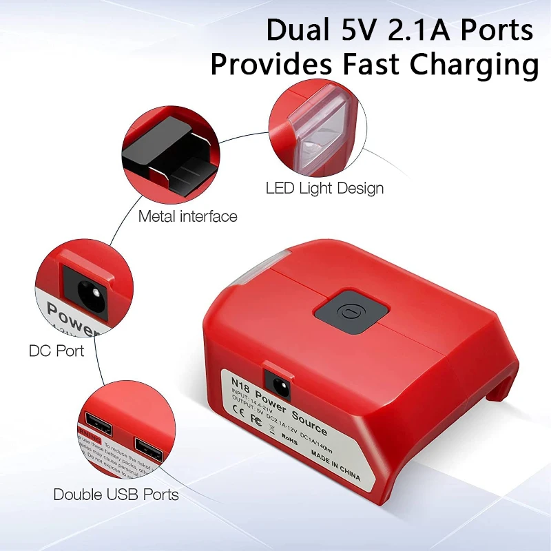 

Адаптер для аккумулятора Milwaukee 18 в, зарядное устройство с двумя USB портами 12 В постоянного тока, источник питания с рабосветильник для Milwaukee ...