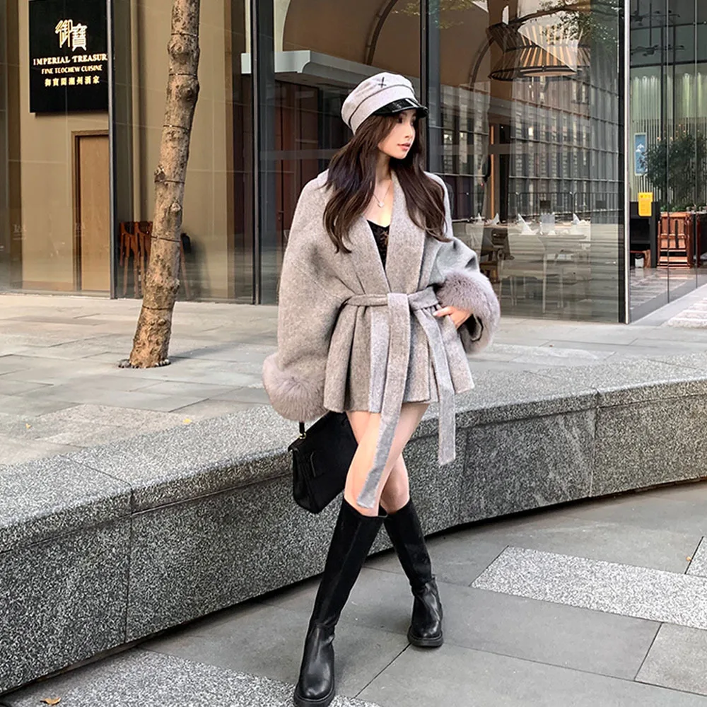 Корейская Двусторонняя кашемировая куртка Женское зимнее пончо из лисьего меха