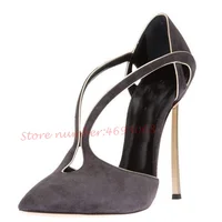 Cross-strap Pointy Toe Suede Pumps Metal Heels Women Summer Designer Grey Covered Shoes High Heels Dress Pumps Chic Women Shoes