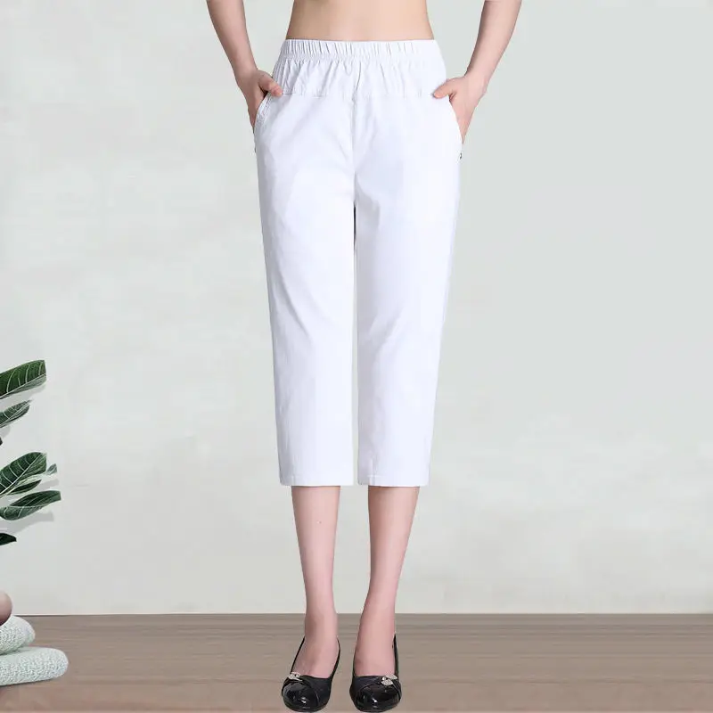 

Women Capris Pants High Waist Cropped PantsWomen's Summer Breeches solid Color Straight Calf-Length Pant Pantalones De Mujer