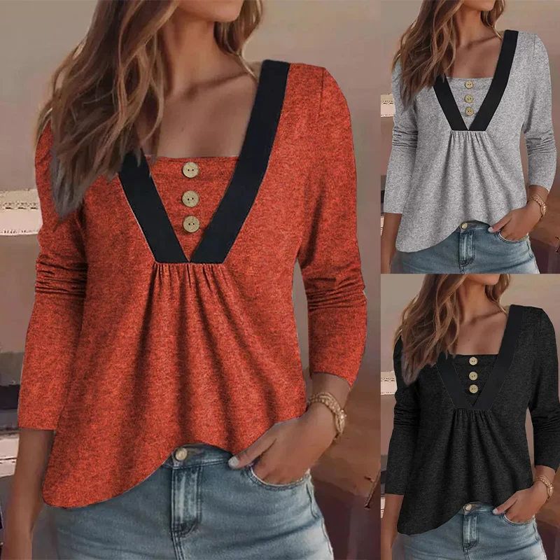

Autumn and Winter T-shirt New Fashion V-neck Buttons Casual Loose Long-sleeved Women's Solid Colour Tops Ladies Pullovers