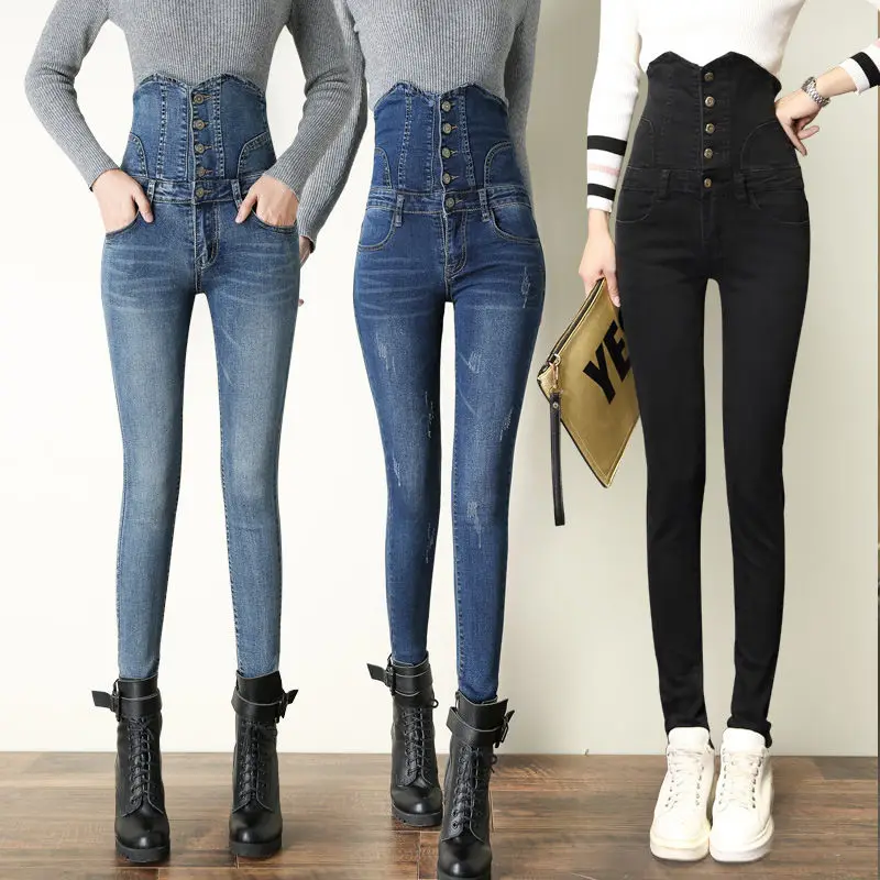 

New Skinny Stretch Warm Fleece Thicken Jeans High Waist Woman Pencil Pants Streetwear Denim Trousers Femme Winter Clothes V573