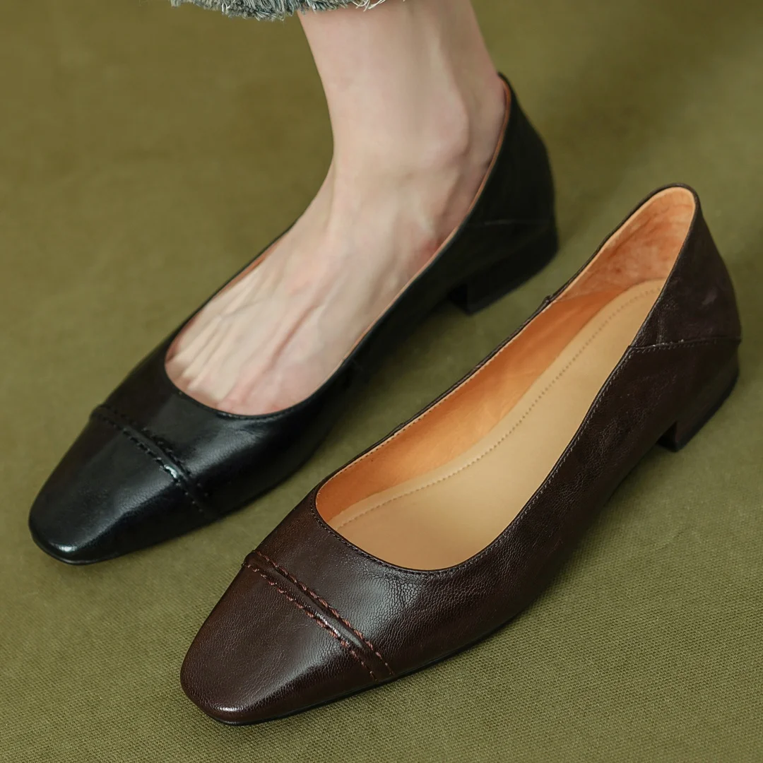 Балетки женские из мягкой овечьей кожи без застежки квадратный носок удобная