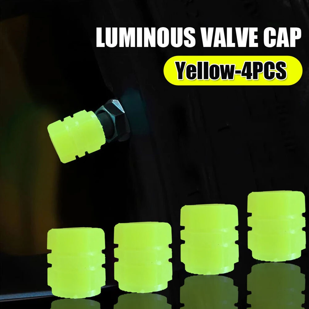 

4pcs Tire Valve Stem Covers Glow In The Dark Car Tire Valve Cap Wheel Tyre Rim Set Yellow Luxurious Look Beautiful Dazzling Glow