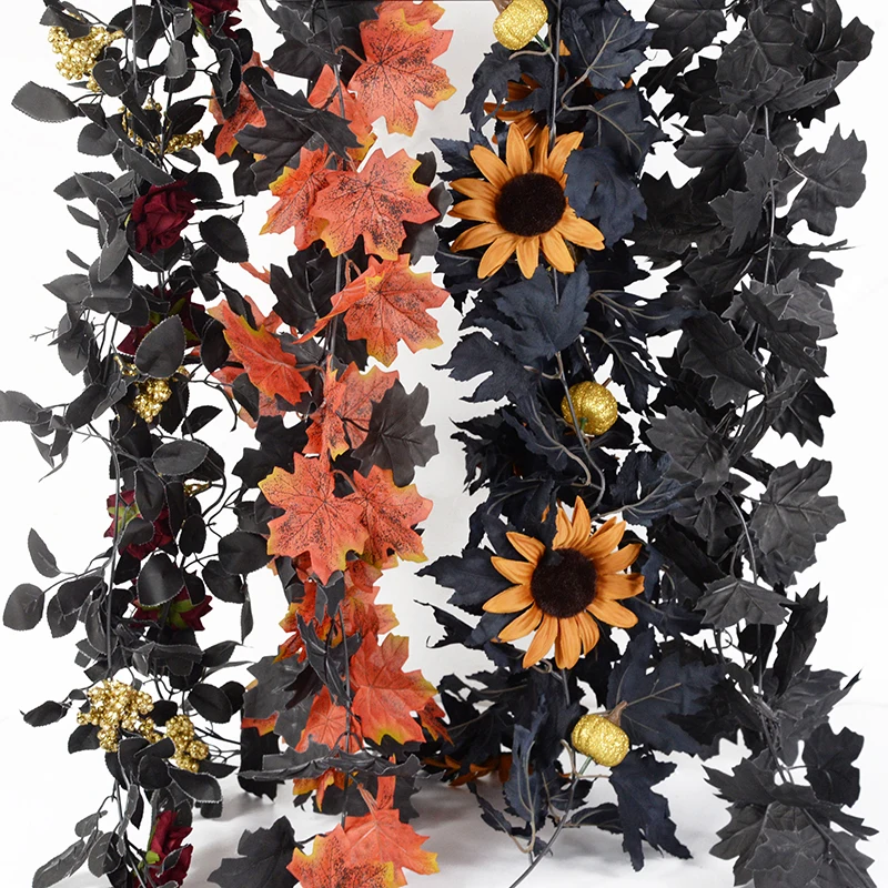 Halloween Fall Maple Leaf Garland Artificial black Rattan rose vine Leaf Hanging Thanksgiving Home Wedding Fireplace Party Decor
