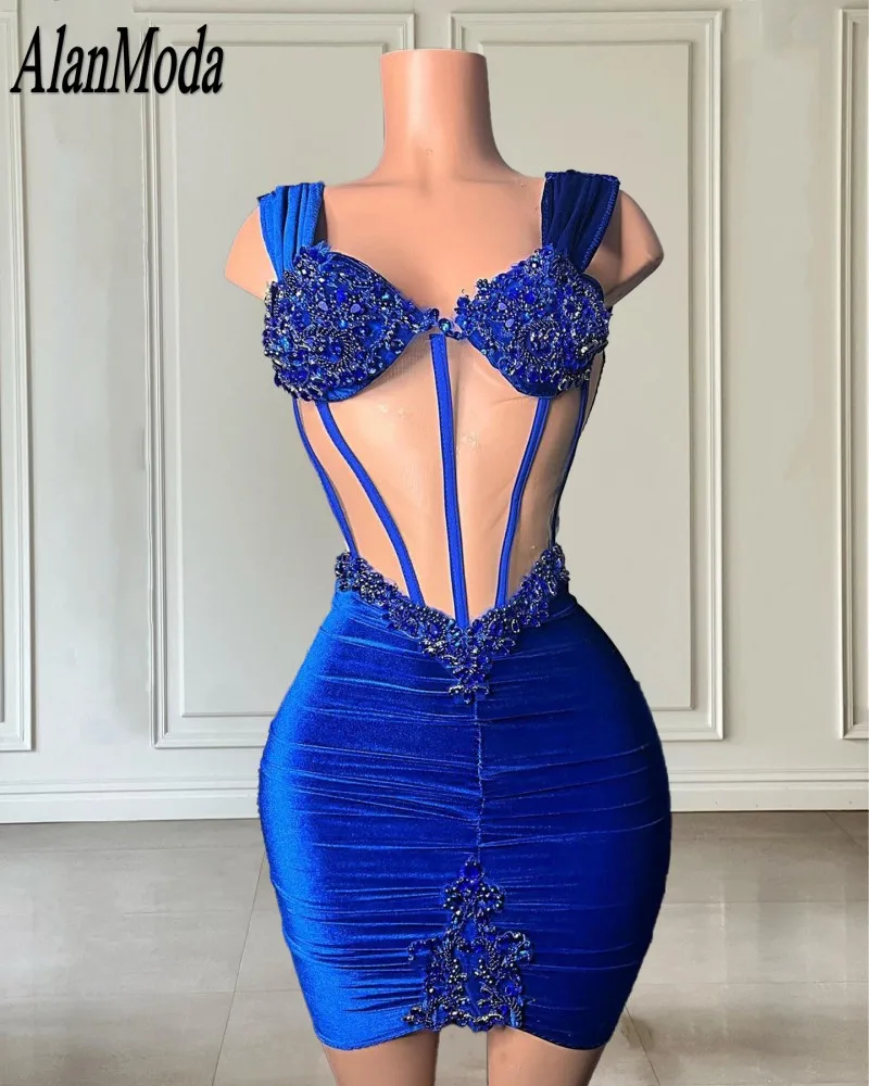 

Royal Blue Party Dress For Women Sweetheart Velvet Beading Short Prom Gowns 2023 Black Girls Cocktail Wear