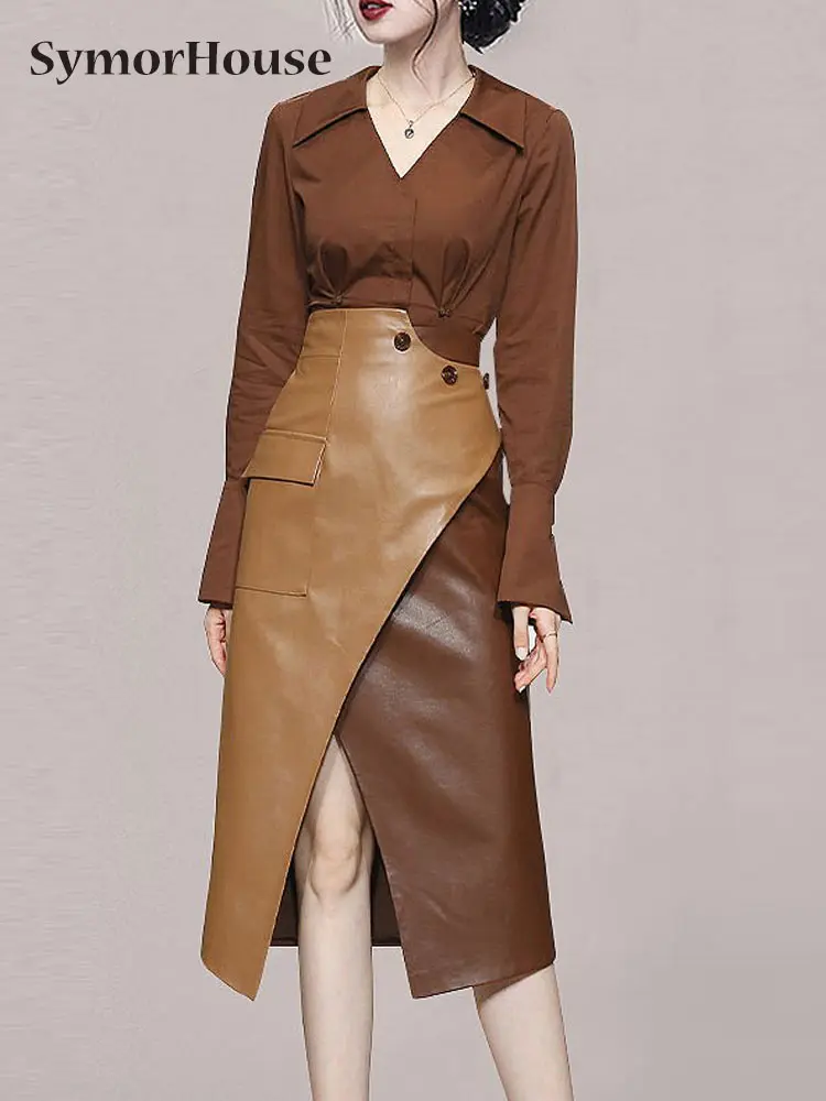 

Женский комплект из 2 предметов, рубашка и юбка-карандаш в стиле пэчворк с высокой талией и кожаная юбка с разрезом, Осень-зима 2023