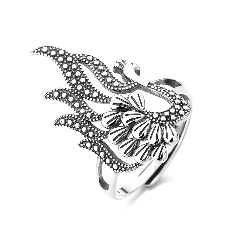 

S925 Sterling Silver Women's Adjustable Rings Retro Ethnic Style Peacock Phoenix Shaped Opening Large Ring Gift Luxury Jewelry
