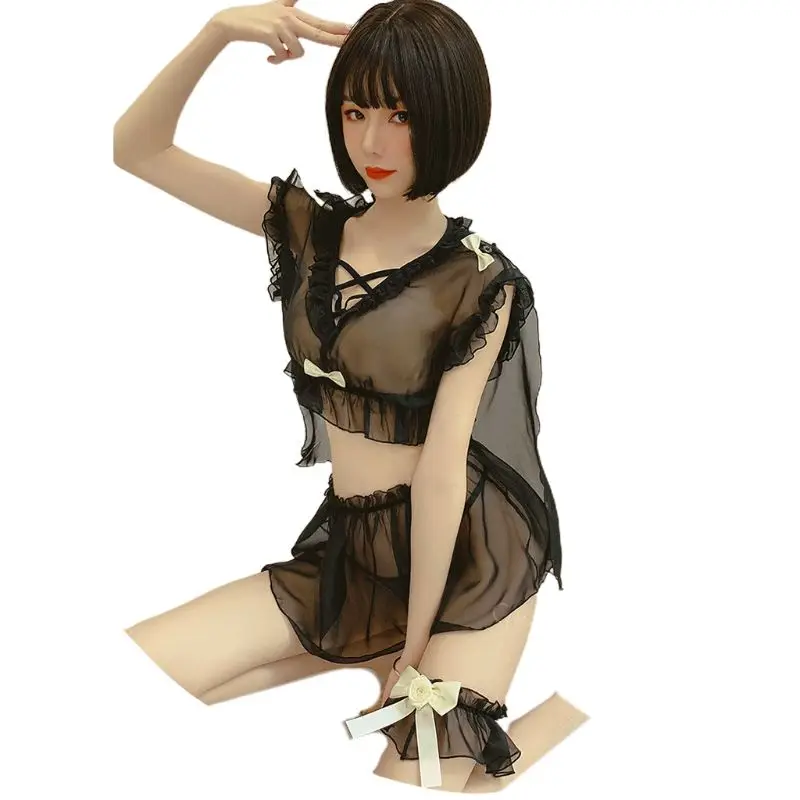 

Women Sexy Sheer Mesh Maid Lingerie Sleeveless Ruffles Bow Crop Top with Shawl Cape Mini Skirt Cosplay Uniform Nightwear