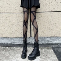 lolita spice girls wears fashion black tights all match thin summer womens sexy nylon stockings cross strap design pantyhose