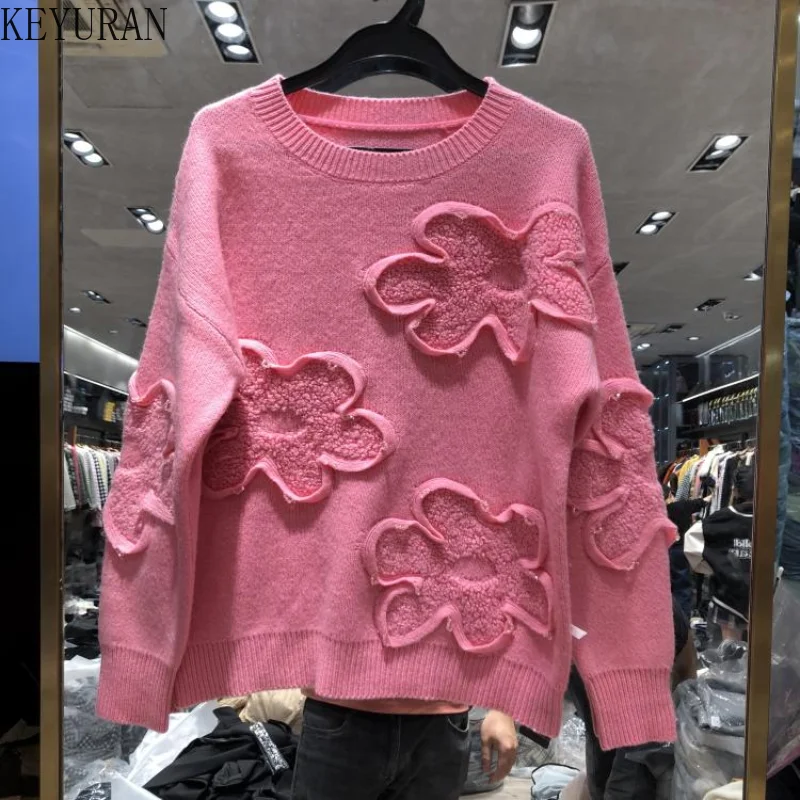 

Женский пуловер с круглым вырезом, свободный свитер большого размера с длинными рукавами и цветочным принтом, в Корейском стиле, осень 2022