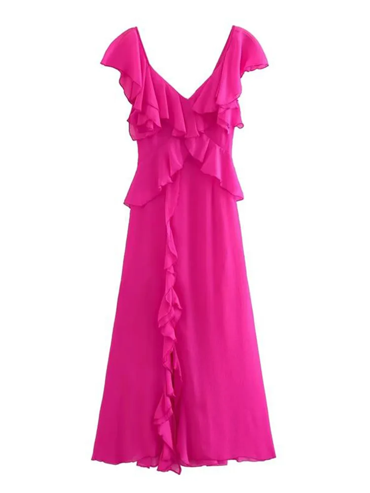 

TRAF 2023 Summer Women's new solid color ruffle sleeve V-neck dress party evening dress long skirt