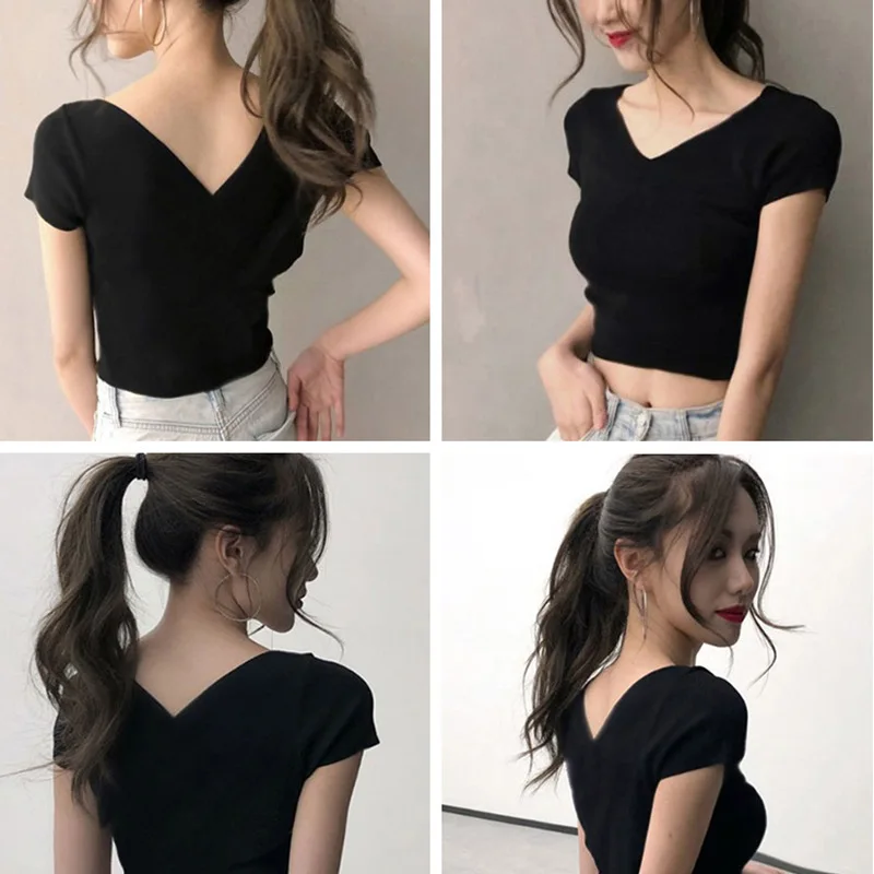 

New V neck T-shirt black Tank Top Casual Women Summer Crop Tops Cami Sexy Camisole Fashion Tee Female Short Sleeve Cropped Vest