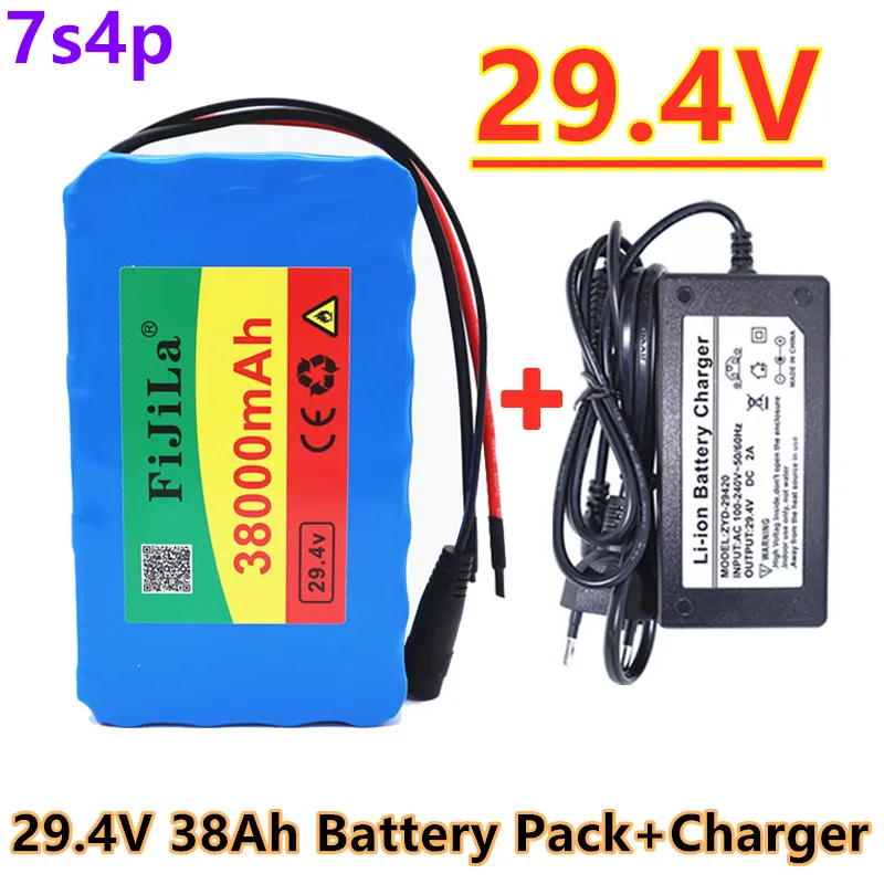 

24v 38000mah 7s4p alta potência 38ah 18650 bateria de lítio com bms 29.4v bicicleta elétrica carro elétrico + 2a carregador