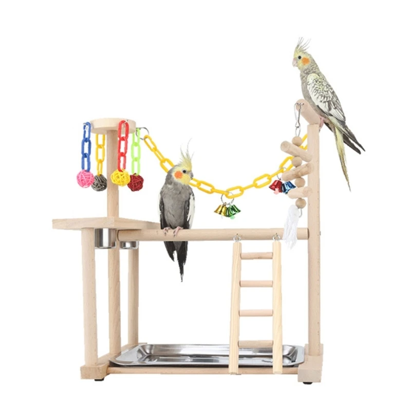 

Bird Perch Playstand Ladder Platform Swing Chew Toy for Parrots Budgies Cage Accessory with Stainless Steel Feeding Cups