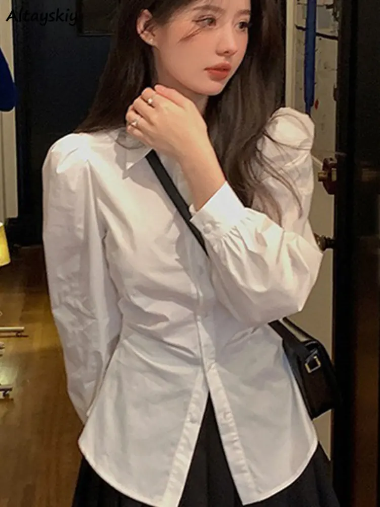 

White Shirts Women Slim Puff Sleeve Office Lady Crop Tops Elegant Korean Style Ins Sexy Casual Chic Fashion Spring Camisas Mujer