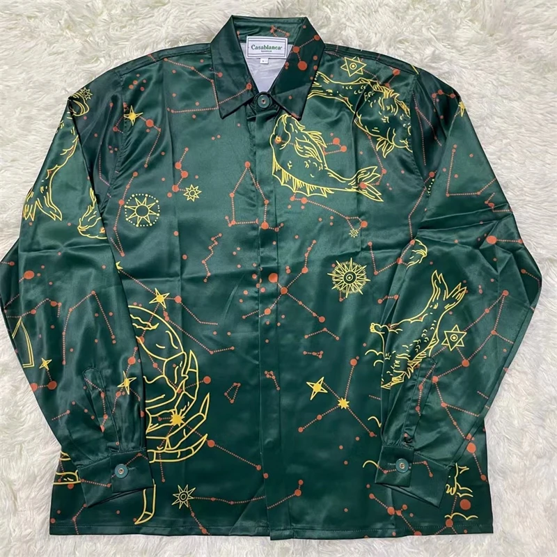 

Green Constellation Silk Casablanca Shirt Men Women 2023ss Hawaii Beach Shirts