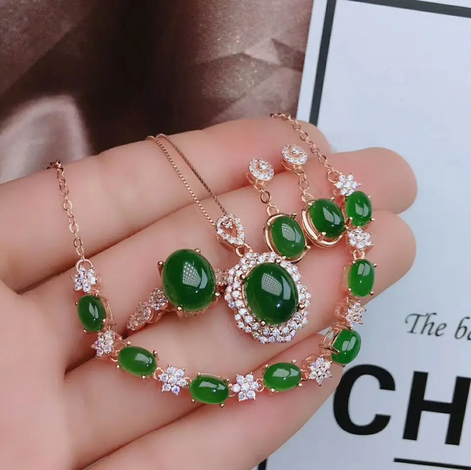

Natural jasper Gemstone Flower Jewelry Set 925 Sterling Silver Four Piece Suit Fine Wedding Jewelry for Women