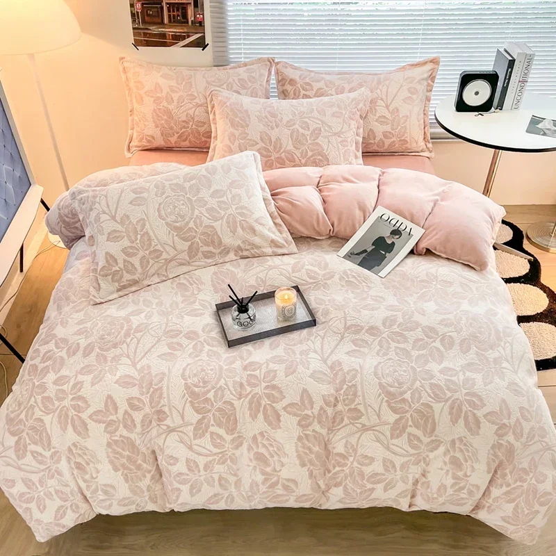 New thickened carved milk fleece four-piece set coral winter flannel sheet mattress quilt cover bedding