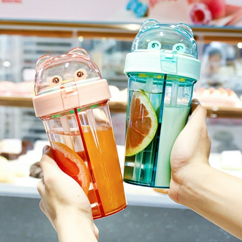 

Cartoon Lid Water Bottle Foldable Straw 420ML Water Bottle For Kids School Office Drinkware Outdoor Protable Shaker With Rope