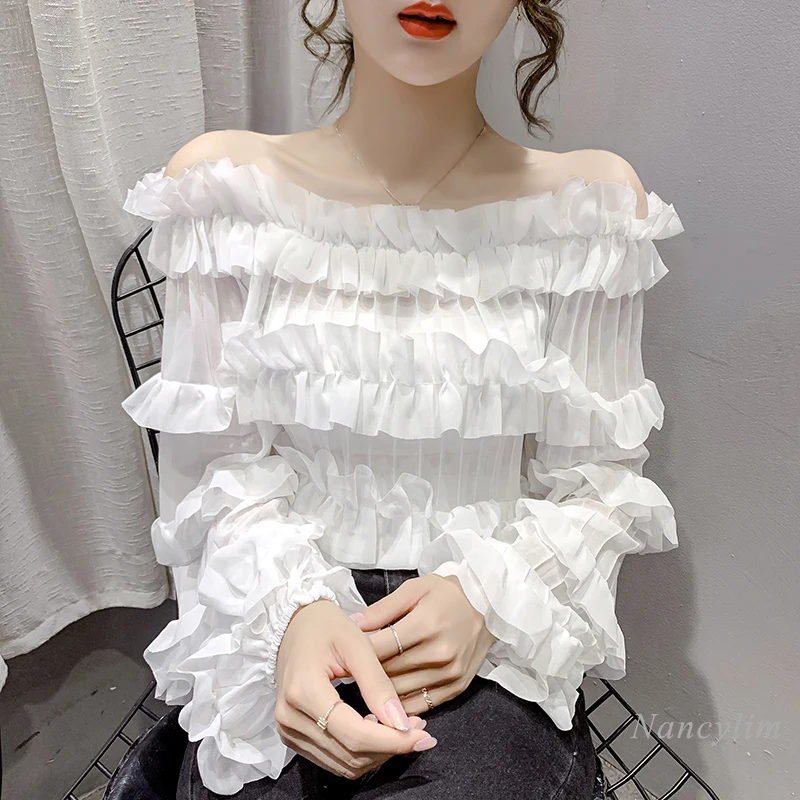

Sexy Off-Shoulder White Chiffon Shirt Women 2022 Summer Autumn Trendy Long Sleeve Top Ins Fashion Ruffled Blouses