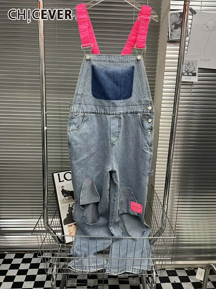 

CHICEVER Casual Denim Colorblock Jumpsuits Female Sleeveless Patchwork Holes High Waist Loose Wide Leg Jumpsuit For Women Style
