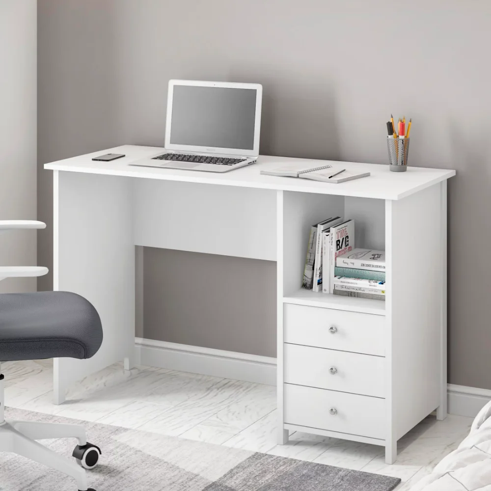 

Contemporary Desk with 3 Storage Drawers, White Computer Office Table